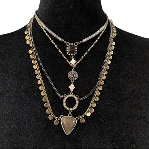 Freedom Necklace Tier Layered Black Silver Tone Rhinestone Fringe Adjustable Len